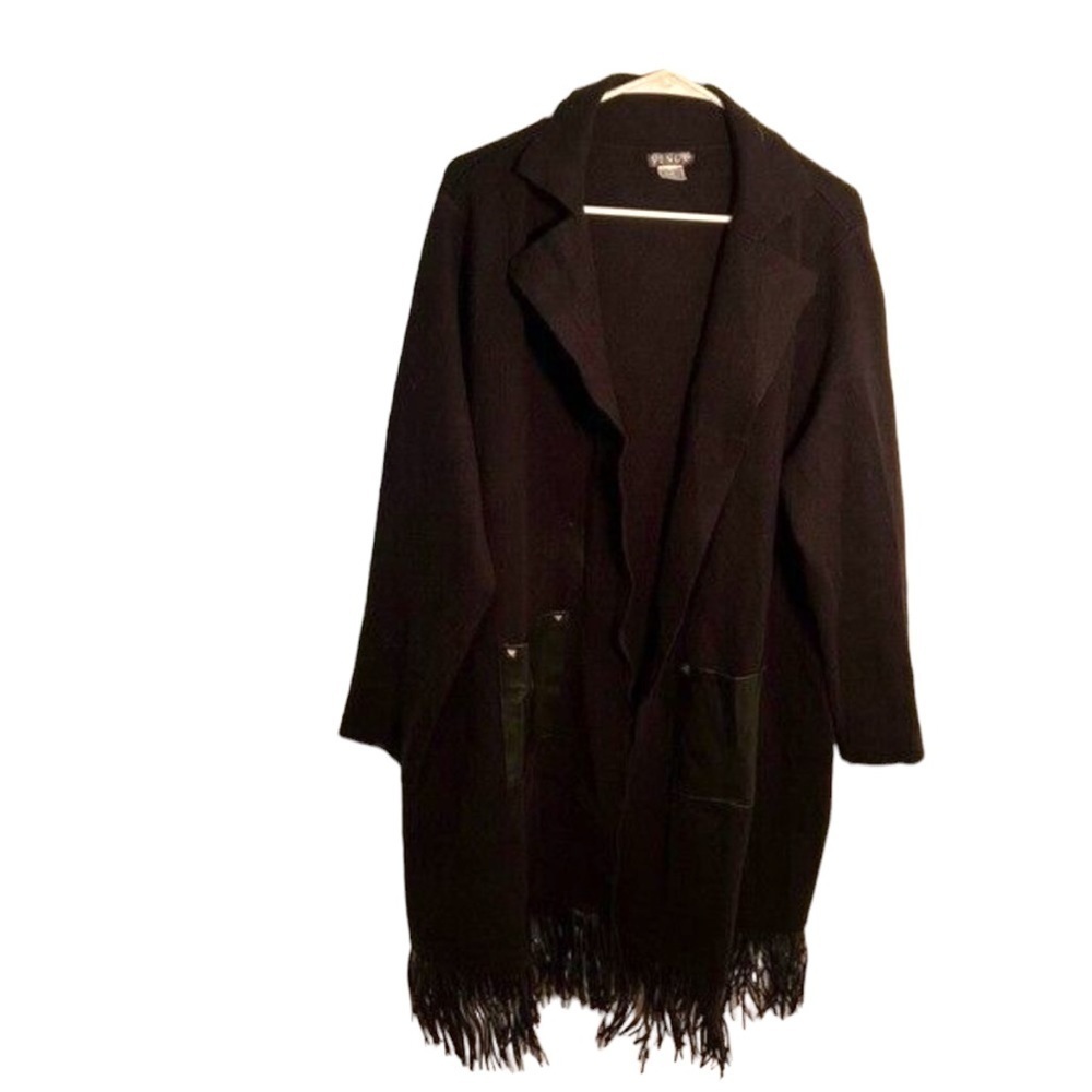 Venus Women's Size XL Fringe Detail Duster Cardigan Black Faux Leather Pockets